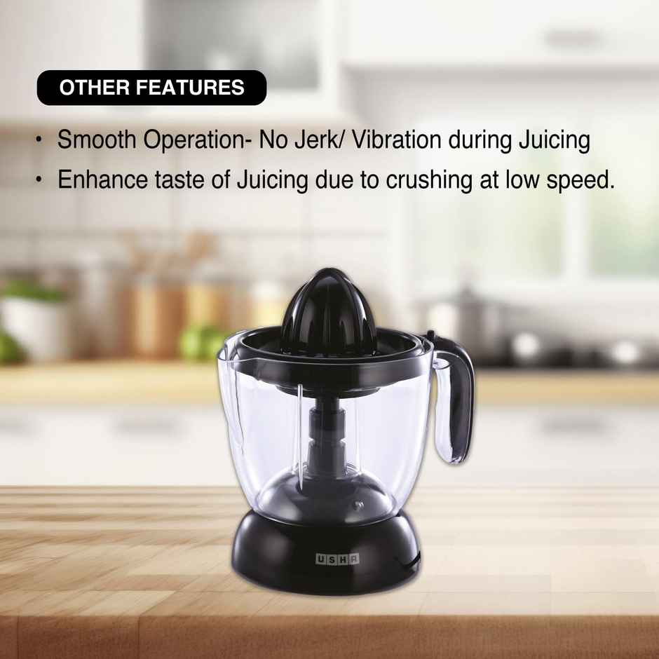 Usha Citrus Press Juicer | 30W | 1.0L | 2 - Way Rotation | Dual Sieve | Low Speed Crushing - Black