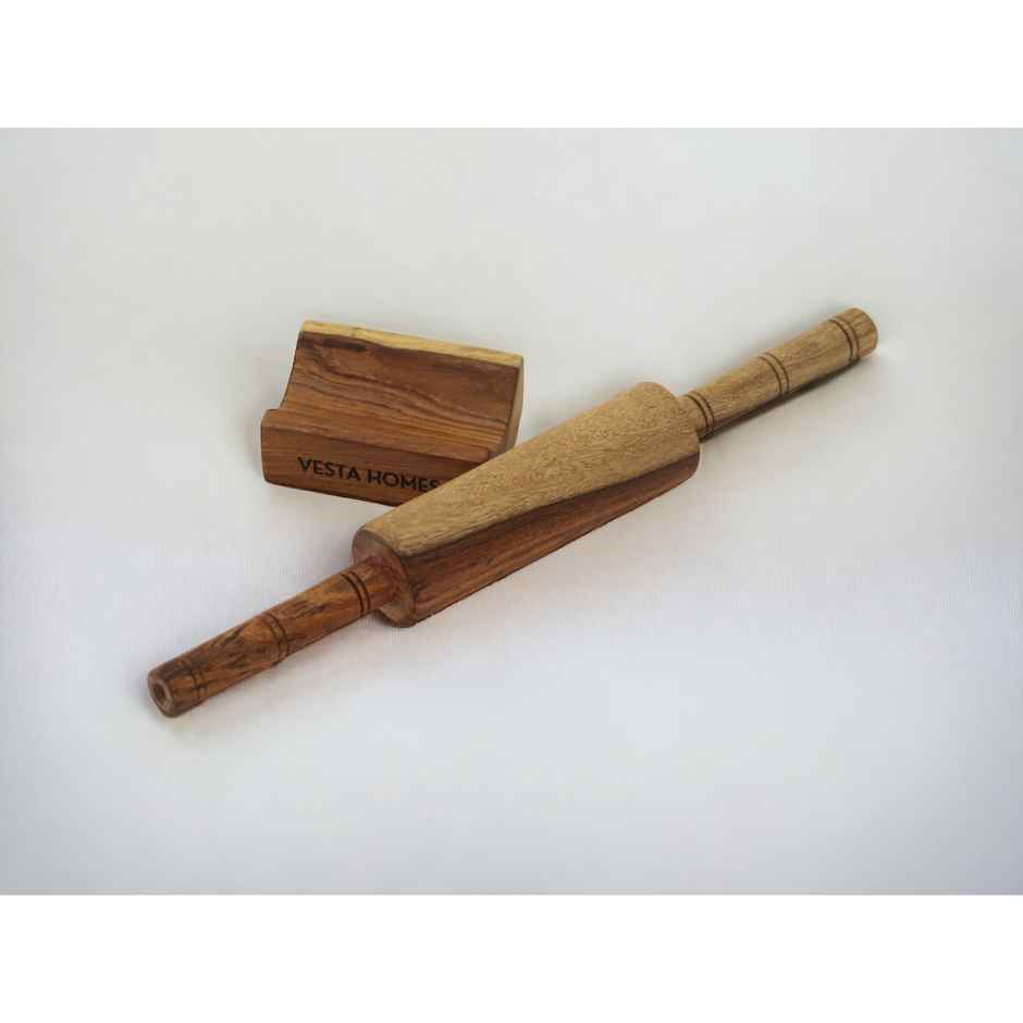 Vesta Homes Wooden Belan with Stand for Kitchen | Premium Solid Wood Roti | Chapati Rolling Pin