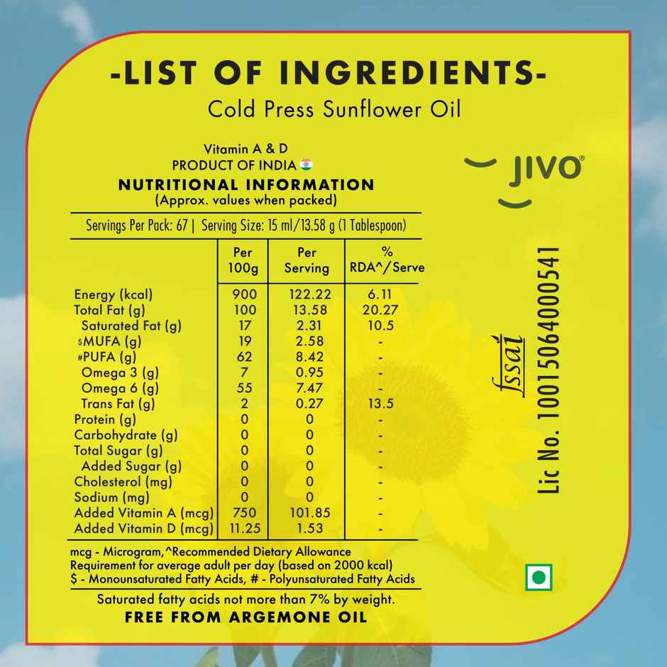 Jivo Sunflower Cold Pressed Oil | Vitamin Fortified Cooking Oil