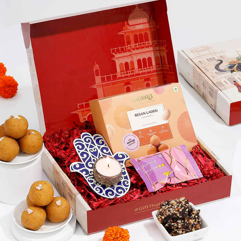Besan Ladoo Diwali Hamper With Tealight Candle | Gift Hamper | IGP
