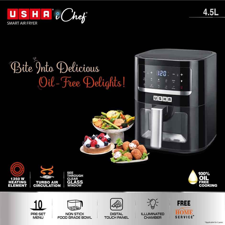 Usha Ichef Smart Air Fryer 4.5L (1350W, 10-In-1 Functions Menu, 360� View, Digital Display, Black)