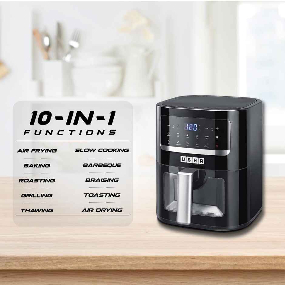 Usha iChef Smart Air Fryer 4.5L 1350W 10 In 1 Functions Menu 360 Degree View Digital Display Black