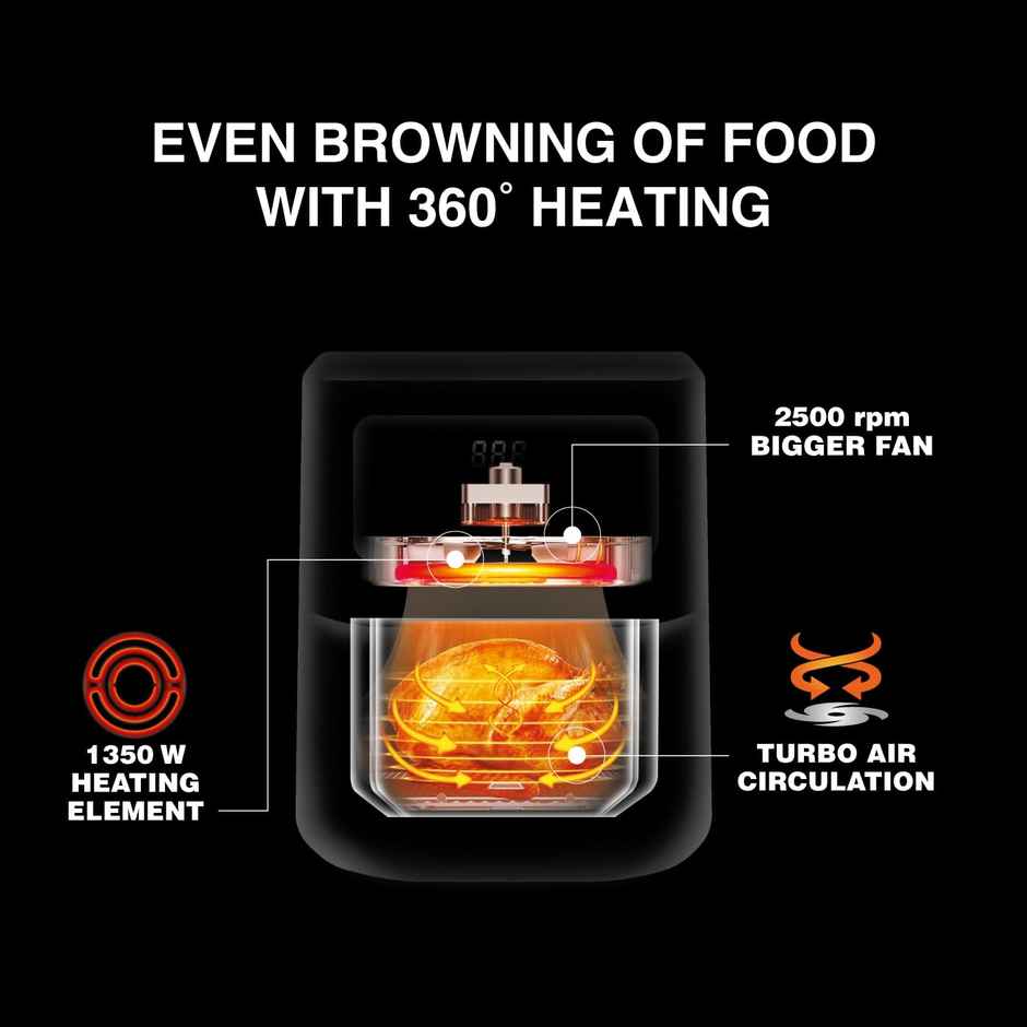 Usha Ichef Smart Air Fryer 4.5L (1350W, 10-In-1 Functions Menu, 360� View, Digital Display, Black)