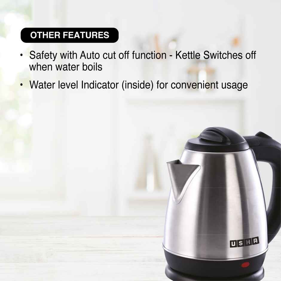 Usha Electric Kettle 1.5L (1200W, Concealed Element, Water Level Indicator, Stainless Steel Finish)
