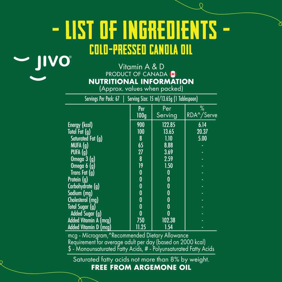 Jivo Canola Cold Pressed Edible Oil | Cooking Oil