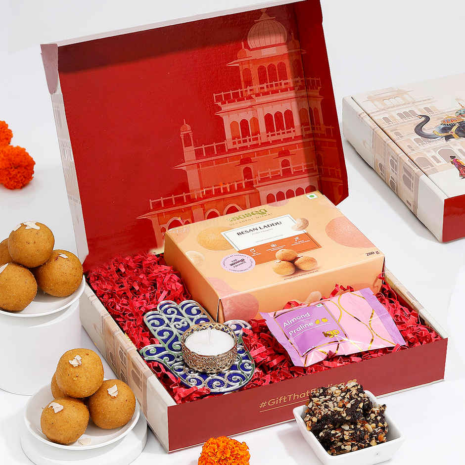 Besan Ladoo Diwali Hamper With Tealight Candle | Gift Hamper | IGP