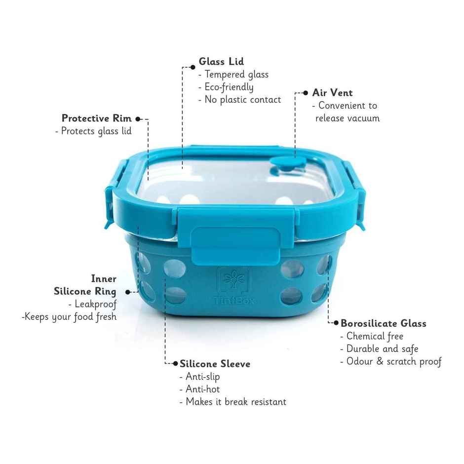Tintbox 500Ml Glass Lunch Box With Glass Lid And Silicone Sleeve, Glassup 520Ml, Arctic Blue