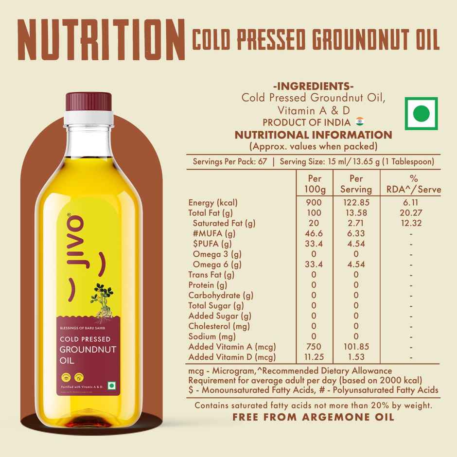 Jivo Groundnut (Peanut) Cold Pressed Oil | Vitamin Fortified Cooking Oil