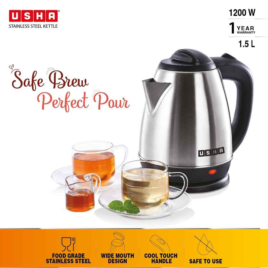 Usha Electric Kettle 1.5L (1200W, Concealed Element, Water Level Indicator, Stainless Steel Finish)