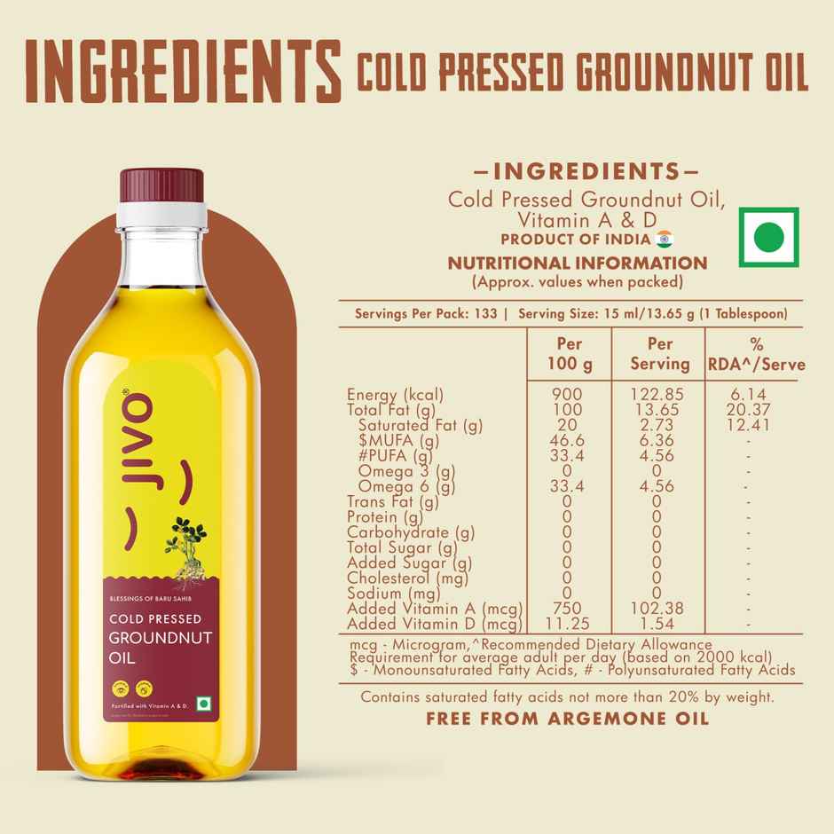 Jivo Groundnut (Peanut) Cold Pressed Oil | Vitamin Fortified Cooking Oil