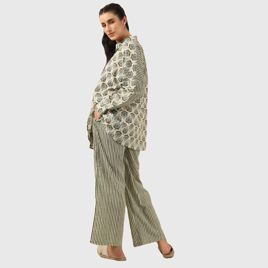 Sanskrutihomes Green Ethnic Motifs Printed Shirt Collar Pure Cotton Night Suit | S