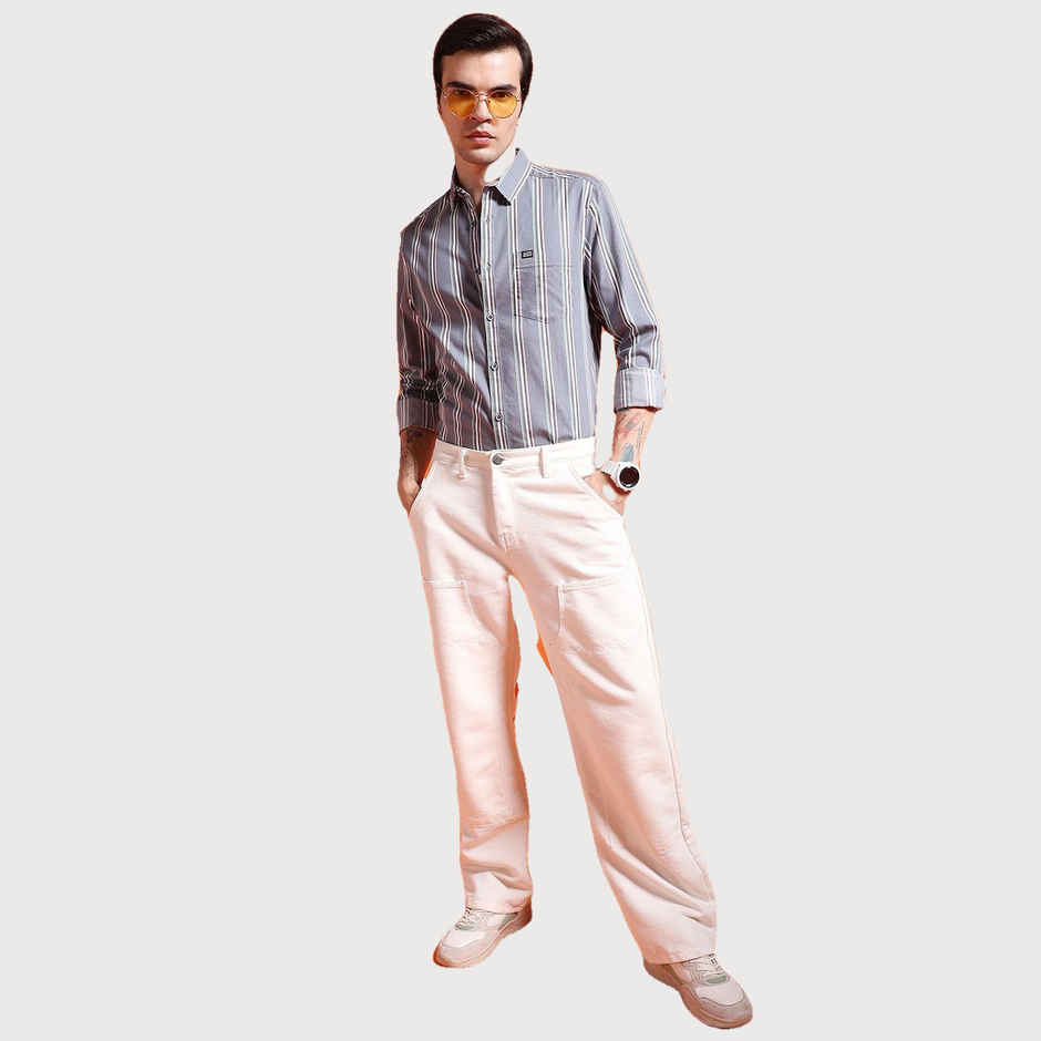 The Indian Garage Co Men's Slim Fit Striped Casual Shirt | Grey - S