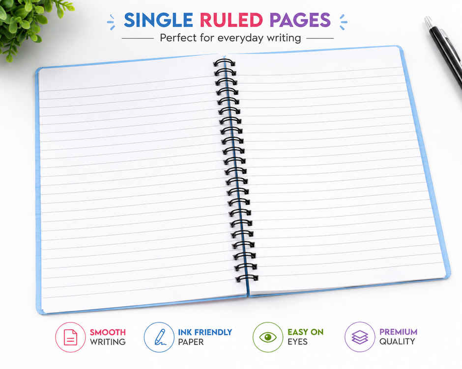 Saya A5 Spiral Notebook | 160 Pages | 70 gsm | Waterproof PP Cover | Single Line Paper