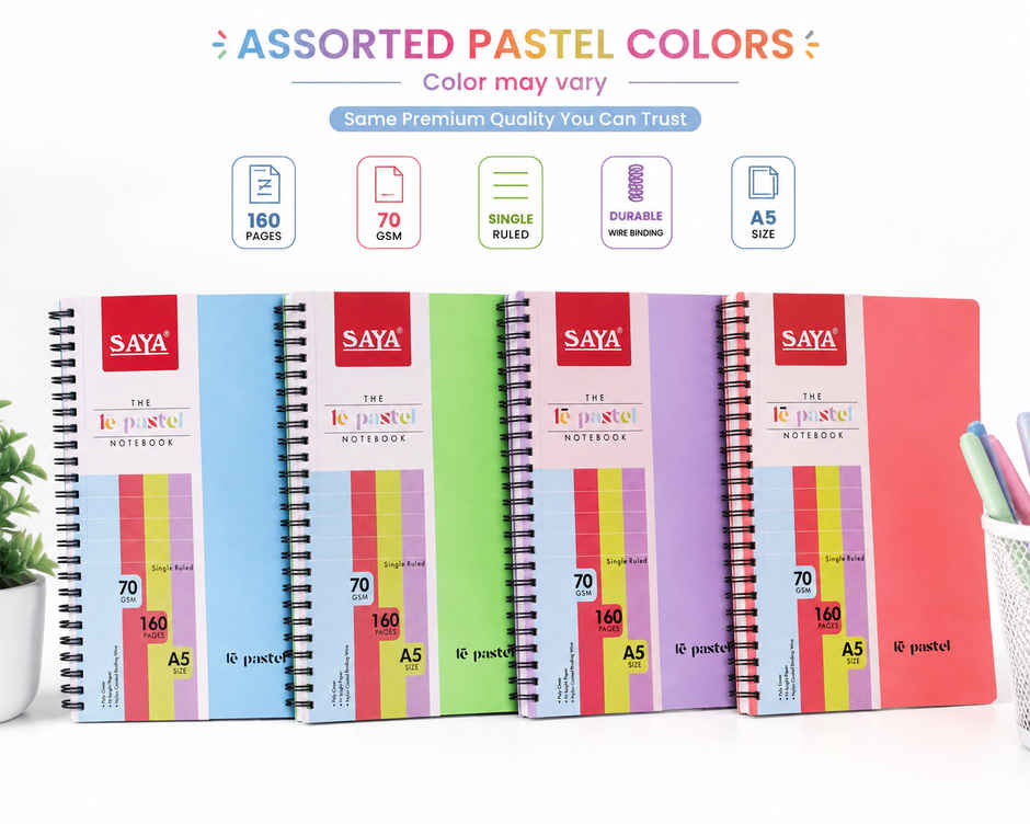 Saya A5 Spiral Notebook | 160 Pages | 70 gsm | Waterproof PP Cover | Single Line Paper
