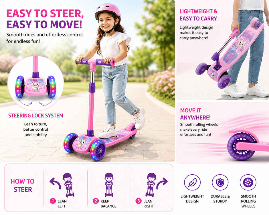 Fablue Foldable 3 Wheel LED Portable Scooter for Kid's |  Pink - Upto 40 kg - 1 pc
