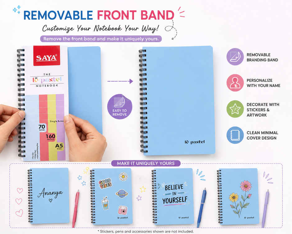 Saya A5 Spiral Notebook | 160 Pages | 70 gsm | Waterproof PP Cover | Single Line Paper