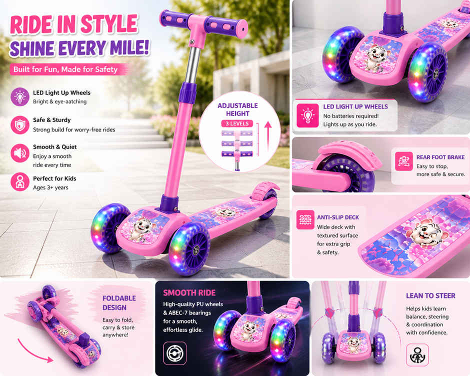 Fablue Foldable 3 Wheel LED Portable Scooter for Kid's |  Pink - Upto 40 kg - 1 pc