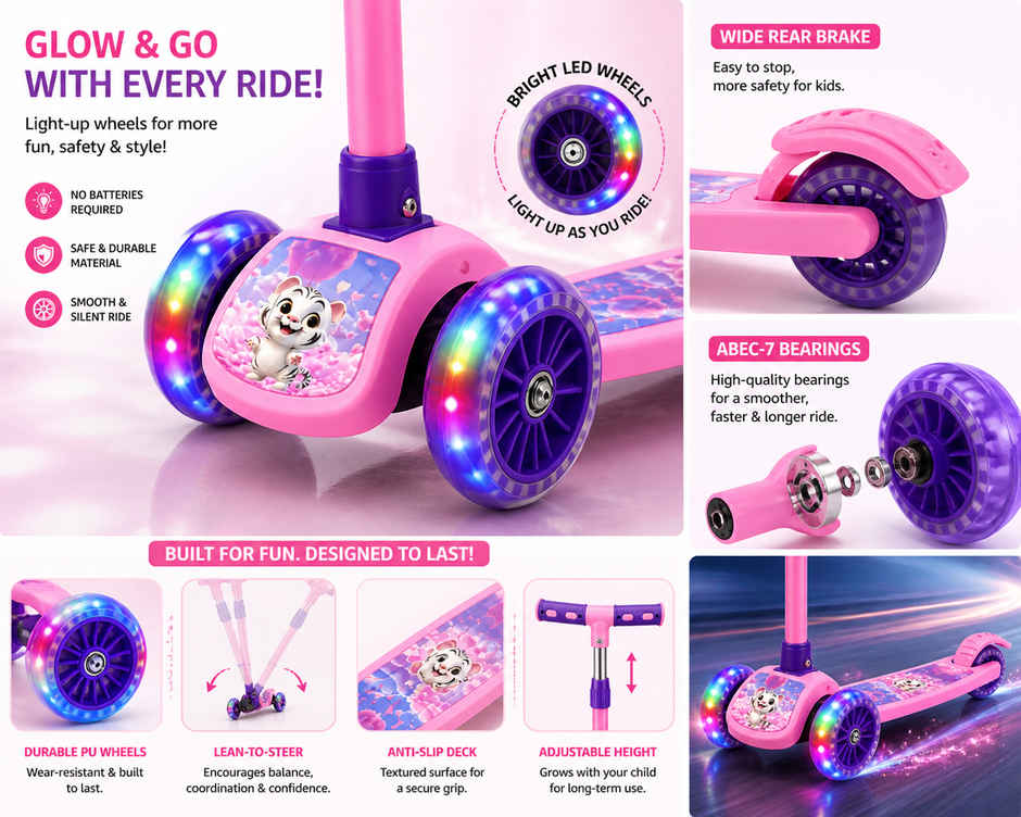 Fablue Foldable 3 Wheel LED Portable Scooter for Kid's |  Pink - Upto 40 kg - 1 pc