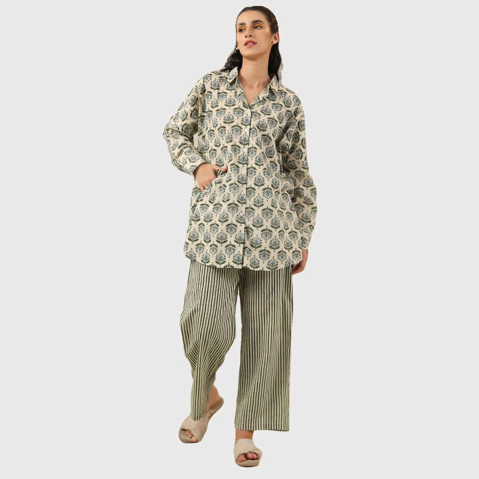Sanskrutihomes Green Ethnic Motifs Printed Shirt Collar Pure Cotton Night Suit | S