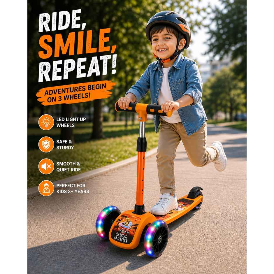 Fablue Foldable 3 Wheel LED Portable Scooter for Kids | Orange | Upto 40 Kgs - 1 pc