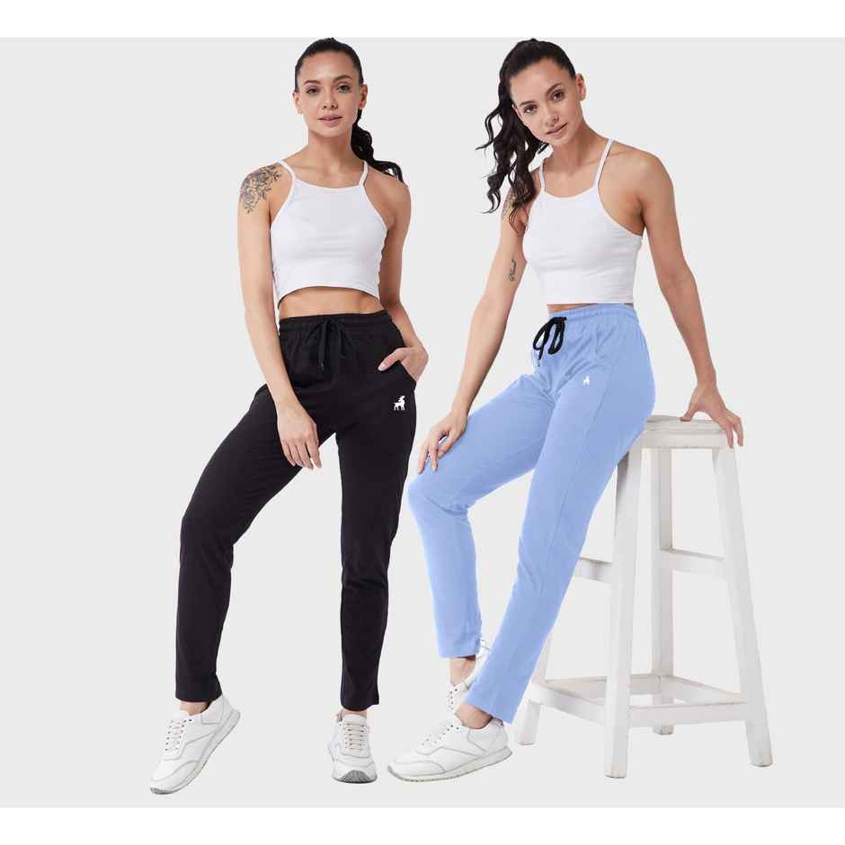 Modeve Women's Cotton Blend Solid Track Pant for Summer | Sky and Black | 2XL