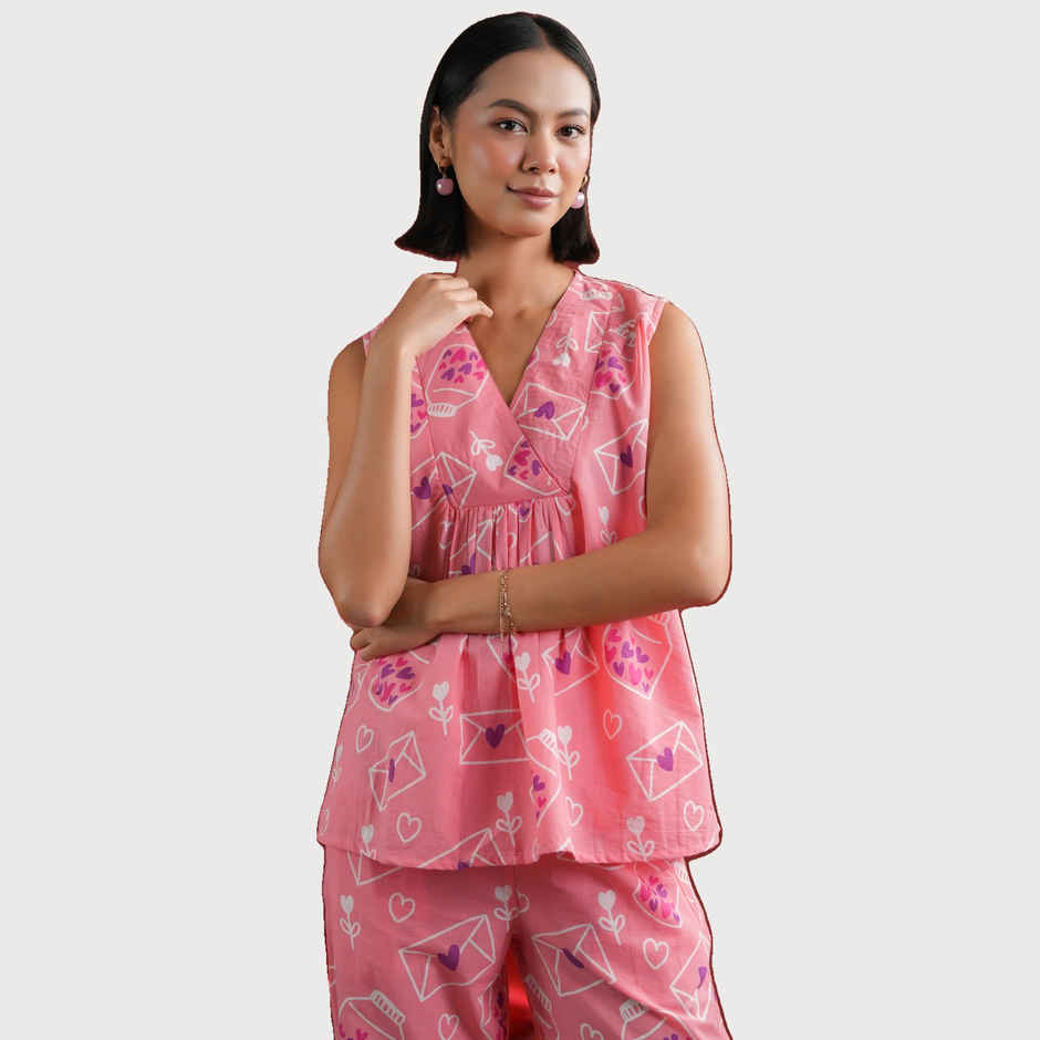Sanskruti Homes Women's Pink V-neck Printed Cotton Night Suit | Se-nsp-846 | XL