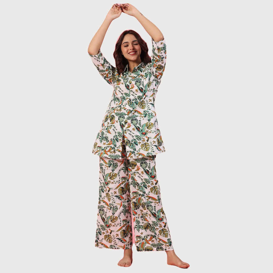 Sanskrutihomes Floral Printed Pure Cotton Night Suit | White - Green | S