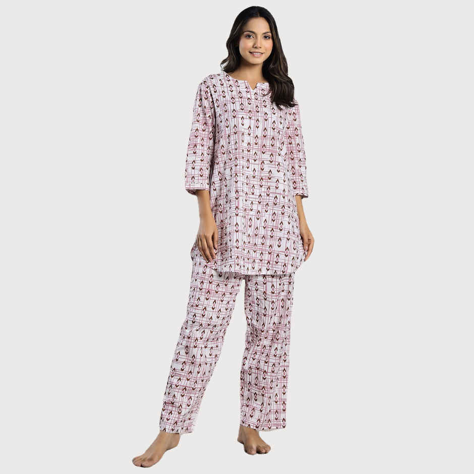 Sanskrutihomes Pink Ethnic Motifs Printed Pure Cotton Night Suit | M