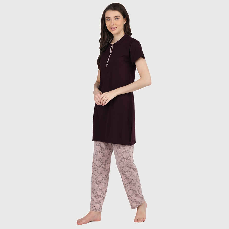 Duchess Women s Cotton Regular Fit Printed & Embroided Long Length Night Suit Set | Wine-Mouse | L