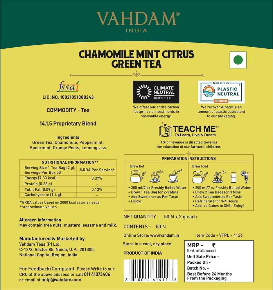 Vahdam Organic Chamomile, Mint, and Citrus Organic Green Tea