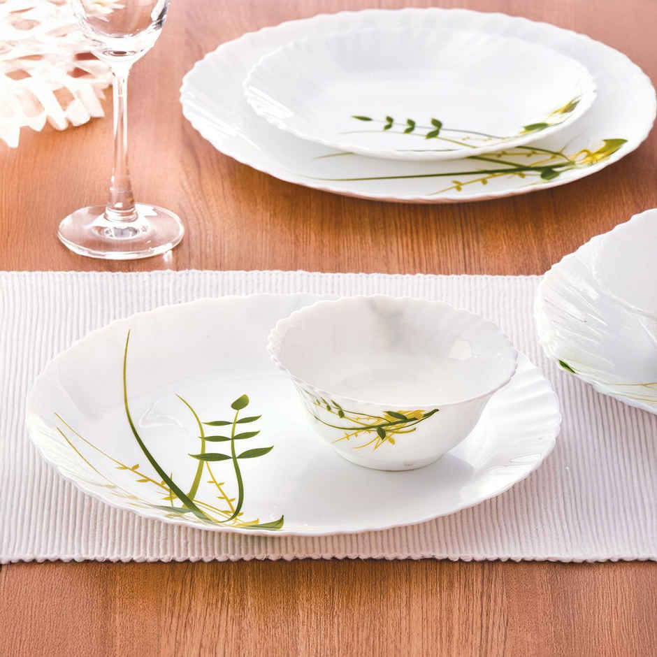 Larah By Borosil Green Herbs 12Pc Dinner Set Opalware Crockery For Dining & Gifting - White