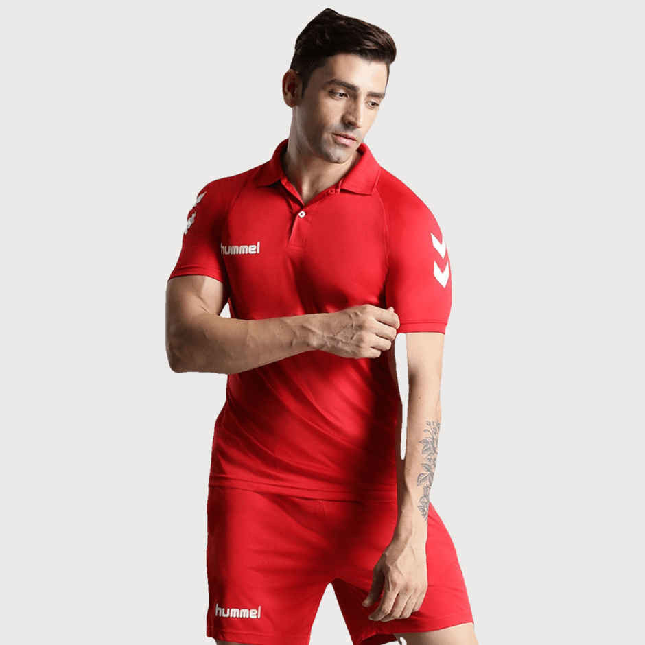 hummel Men's Core functional Polo Neck Solid Regular Fit Gym T-shirt | True Red - S