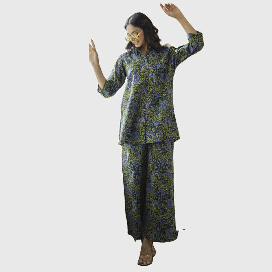 Sanskrutihomes Floral Printed Pure Cotton Tunic With Palazzo Co-Ords | Green | M