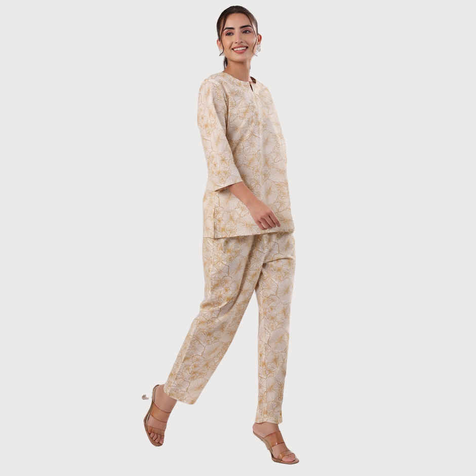 Sanskrutihomes Women Floral Printed Pure Cotton Brown Top With Trousers Co-Ords SE-NSP-566 | M