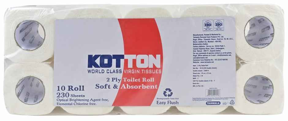 Kotton Toilet Roll 100% Virgin Pulp/Paper | 2 Ply | 230 sheets | Pack of 10