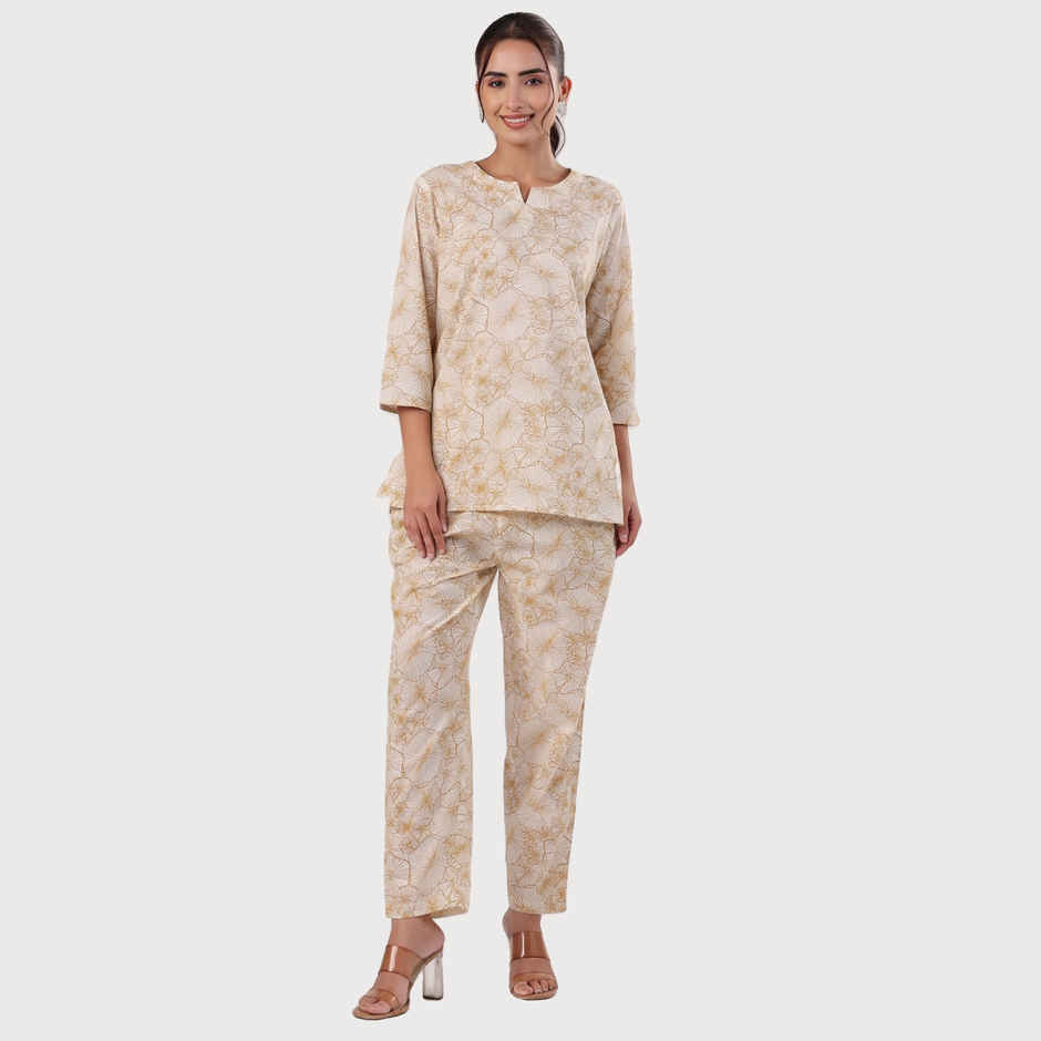 Sanskrutihomes Women Floral Printed Pure Cotton Brown Top With Trousers Co-Ords SE-NSP-566 | M