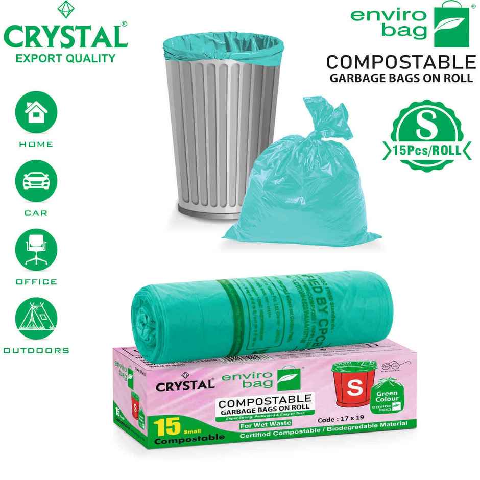 Crystal Small Garbage Bag 17x19, Compostable, Green Colour