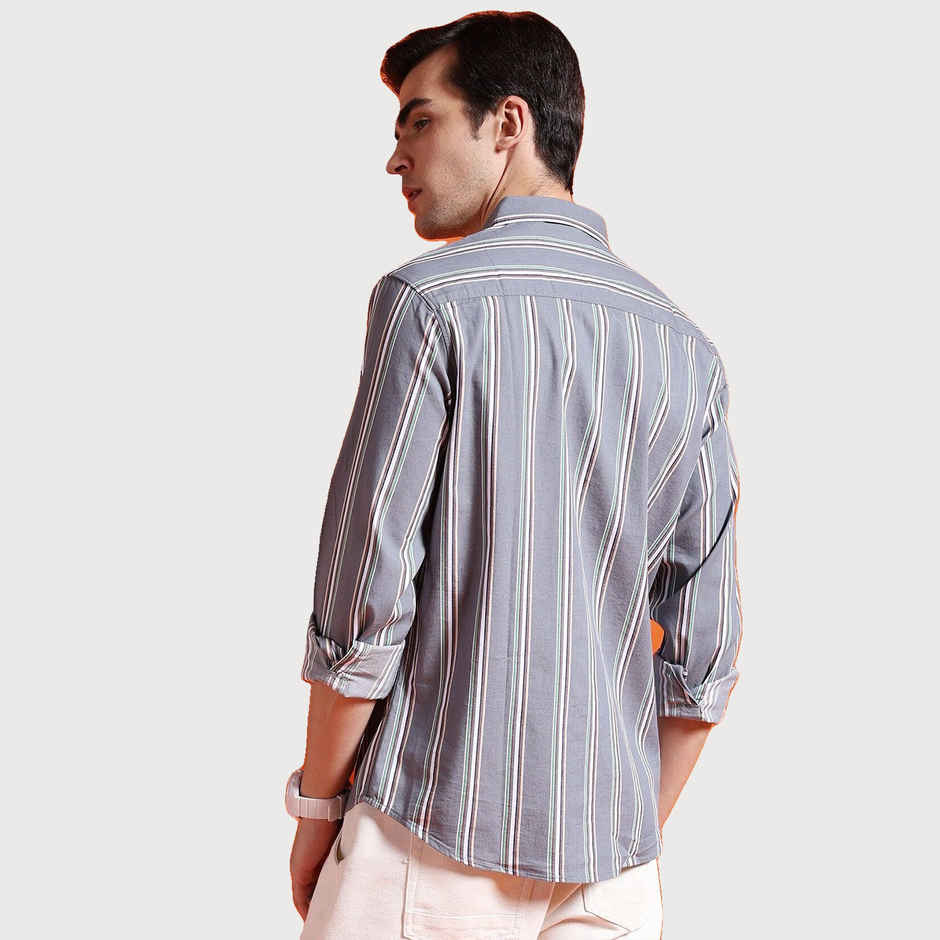 The Indian Garage Co Men's Slim Fit Striped Casual Shirt | Grey - S