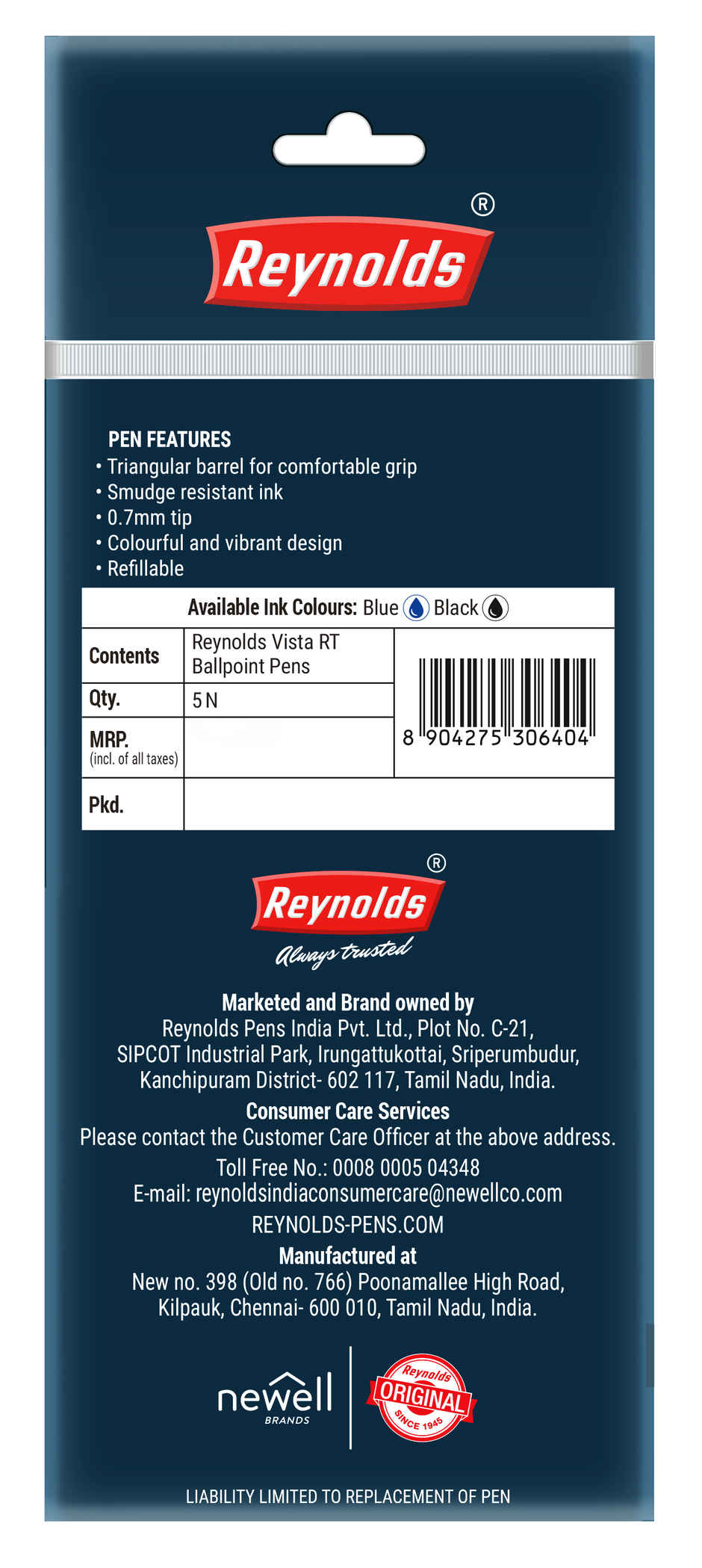 Reynolds Vista Retractable Ball Pen Set (5 Blue Pens)