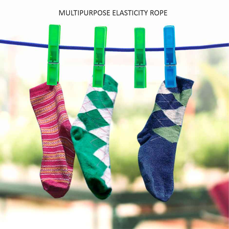 Jatin Elastic Rope | 70 inch With 2 Hooks + 12 pcs Cloth Pegs Combo