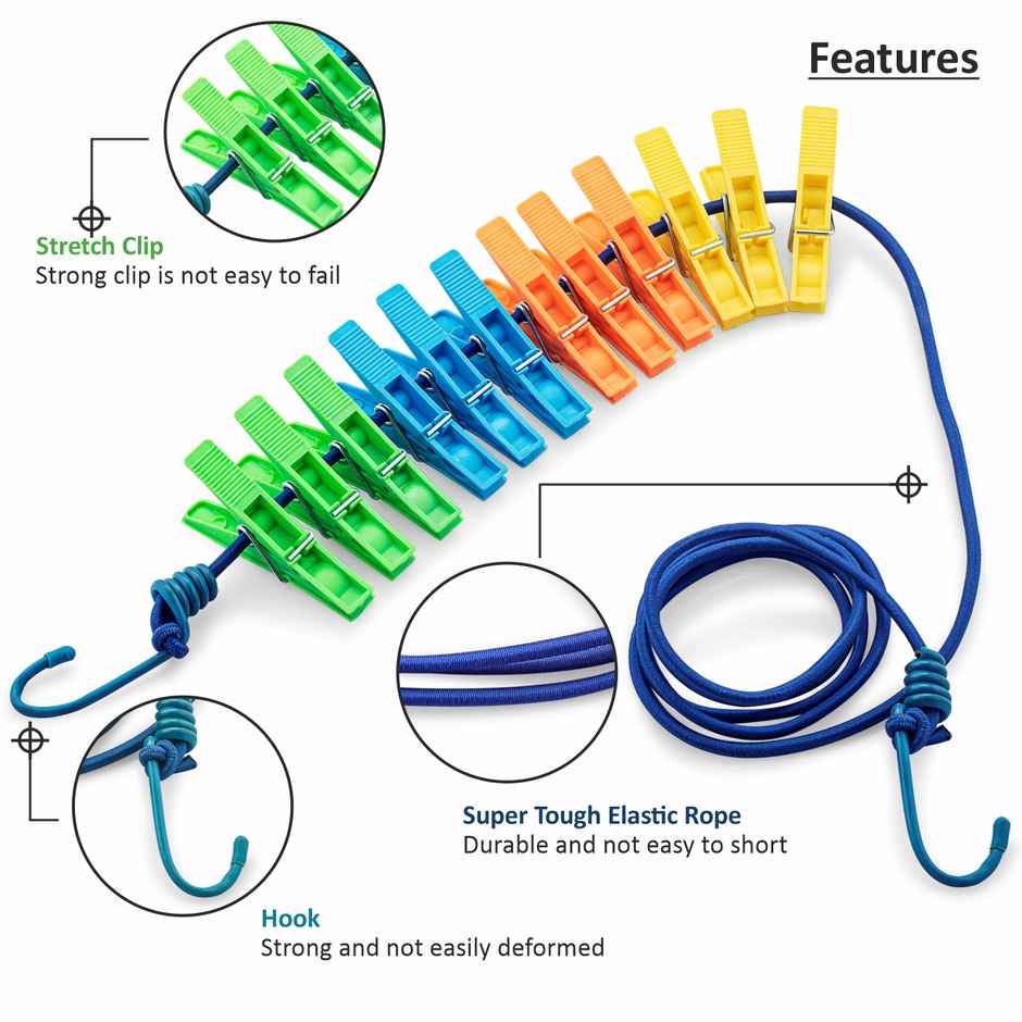 Jatin Elastic Rope | 70 inch With 2 Hooks + 12 pcs Cloth Pegs