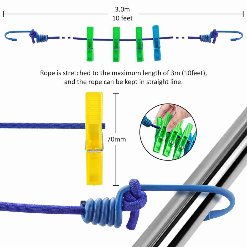 Jatin Elastic Rope | 70 inch With 2 Hooks + 12 pcs Cloth Pegs Combo