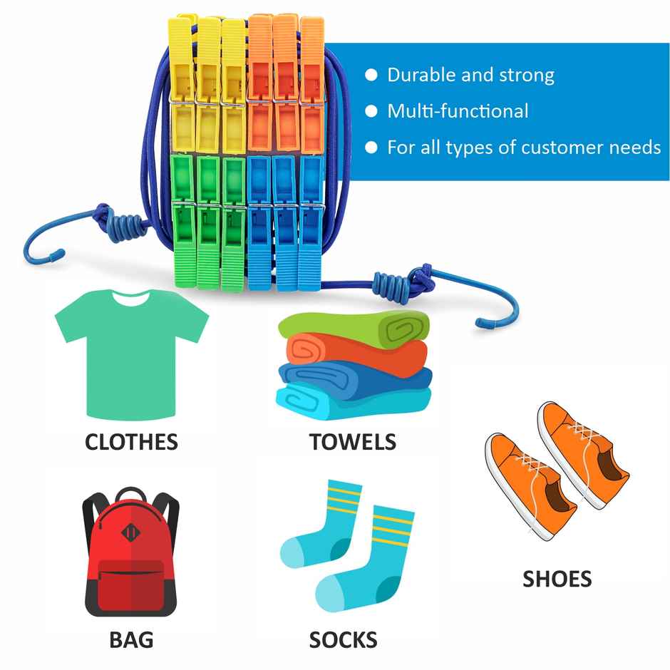 Jatin Elastic Rope | 70 inch With 2 Hooks + 12 pcs Cloth Pegs Combo