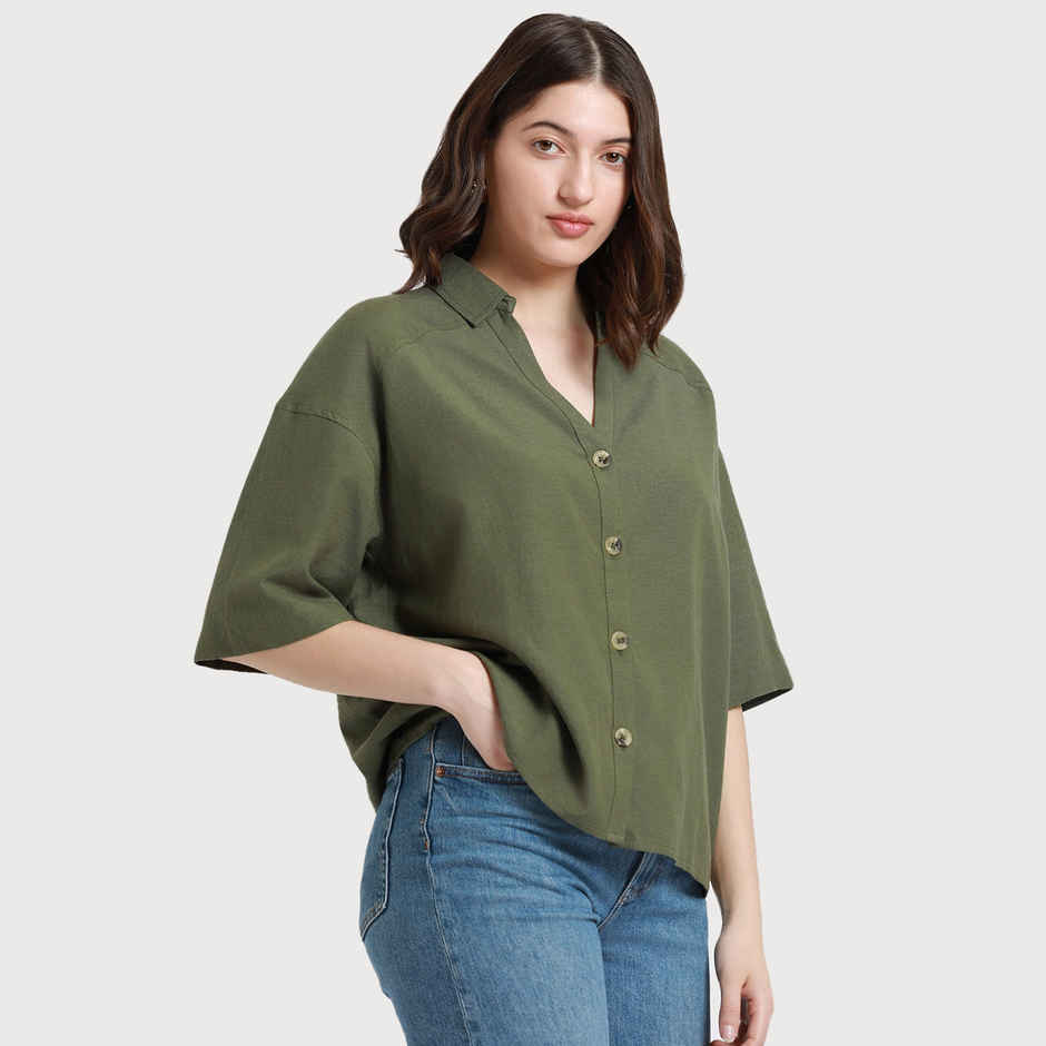DL Women's Drop Shoulder Casual Oversized Shirt | DLWSHW23005 | Olive - XL