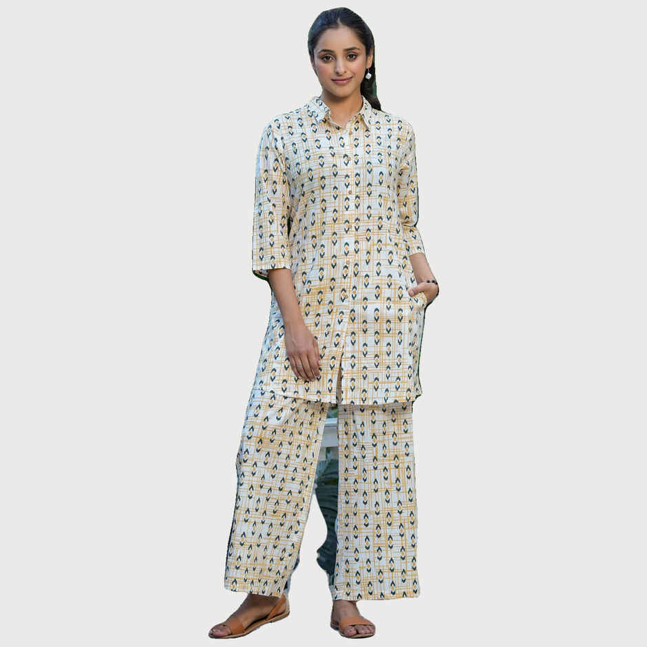 Sanskrutihomes Mustard And Blue Ethnic Motifs Printed Pure Cotton Night Suit | XL