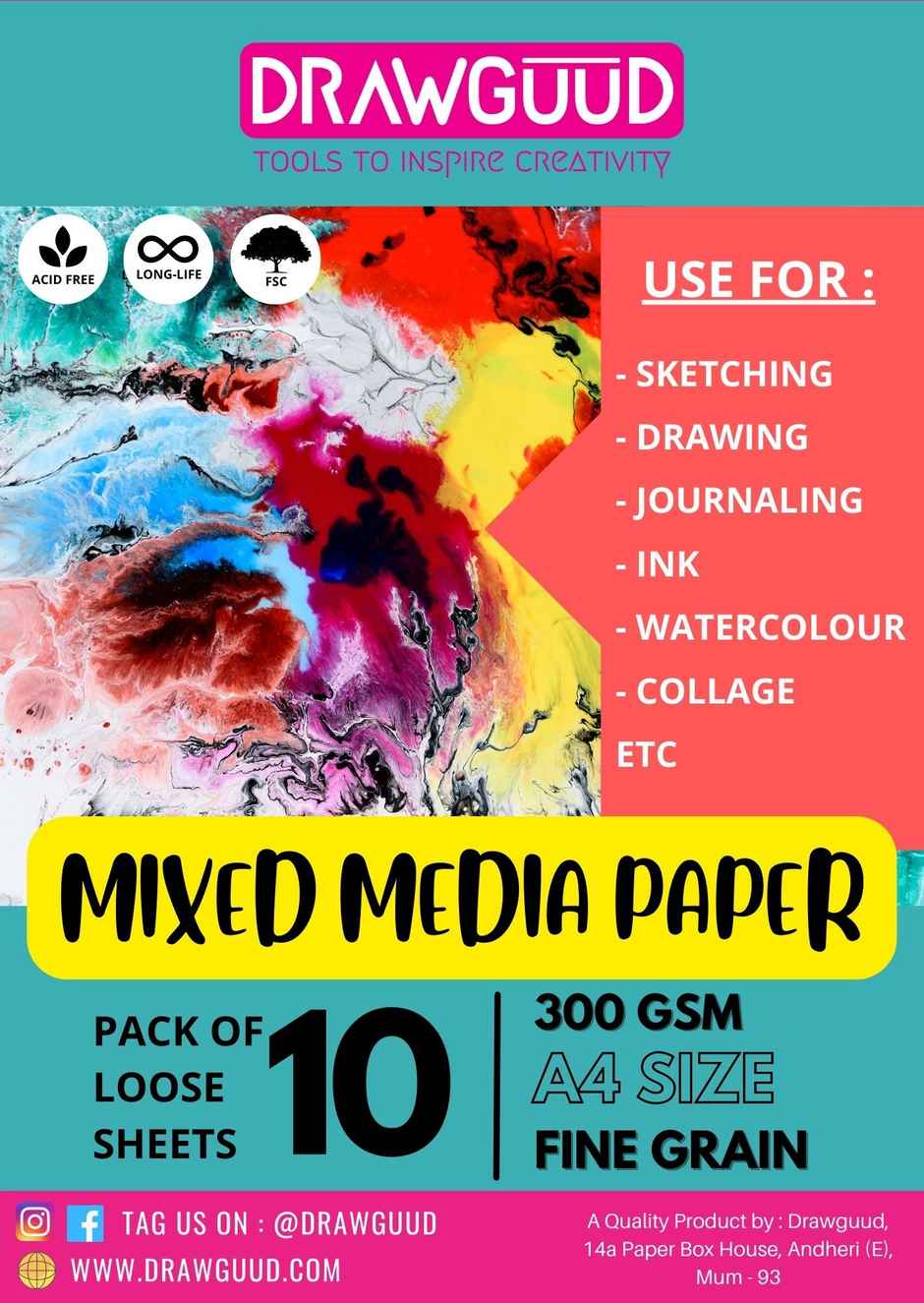 Drawguud Mixed Media Paper 300Gsm A4 8.3X11.7 In Pack Of 10