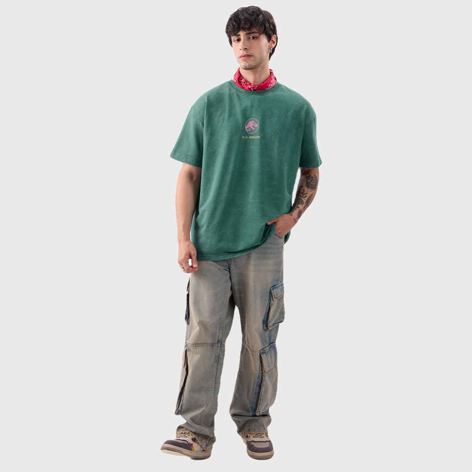 The Souled Store Men's Jurassic Park Prehistoric Paradise Vintage Oversized T-shirt | Green - S