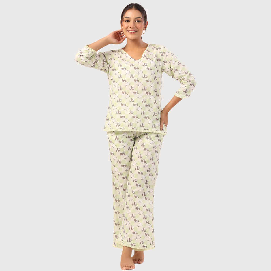 Sanskrutihomes Women Printed Pure Cotton Green Night Suit SE-NSP-606 | M
