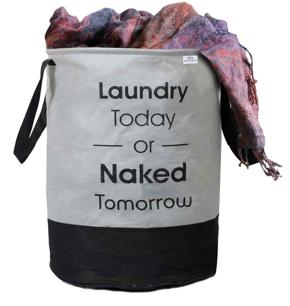 Kuber Industries 45 Liter Waterproof Round Non Wovan Laundry Bag/Hamper With Handles | Grey & Black
