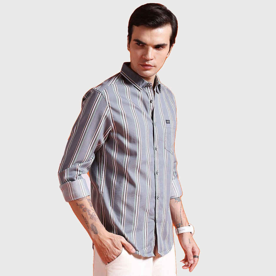 The Indian Garage Co Men's Slim Fit Striped Casual Shirt | Grey - S